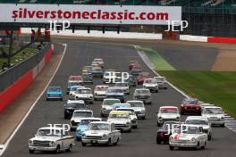 Silverstone Classic 2016,  29th-31st July, 2016, Silverstone Circuit, Northants, England.  Wolfe-Meaden 	Ford Lotus Cortina lead at the start  Copyright Free for editorial use only