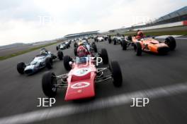 Silverstone Classic Media Day 2017, Silverstone Circuit, Northants, England. 23rd March 2017. Tiff Needell leads the Formula Ford field. Copyright Free for editorial use.