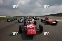 Silverstone Classic Media Day 2017, Silverstone Circuit, Northants, England. 23rd March 2017. Tiff Needell leads the Formula Ford field. Copyright Free for editorial use.