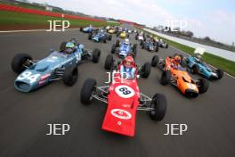 Silverstone Classic Media Day 2017, Silverstone Circuit, Northants, England. 23rd March 2017. Tiff Needell leads the Formula Ford field. Copyright Free for editorial use.