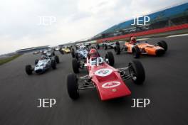 Silverstone Classic Media Day 2017, Silverstone Circuit, Northants, England. 23rd March 2017. Tiff Needell leads the Formula Ford field. Copyright Free for editorial use.