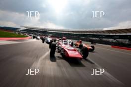 Silverstone Classic Media Day 2017, Silverstone Circuit, Northants, England. 23rd March 2017. Tiff Needell leads the Formula Ford field. Copyright Free for editorial use.