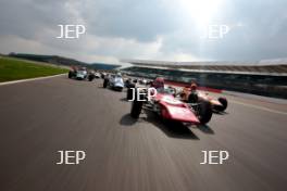 Silverstone Classic Media Day 2017, Silverstone Circuit, Northants, England. 23rd March 2017. Tiff Needell leads the Formula Ford field. Copyright Free for editorial use.