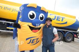 Silverstone Classic Media Day 2017, Silverstone Circuit, Northants, England. 23rd March 2017. Nicolas Hamilton and JET mascot Philup. Copyright Free for editorial use.