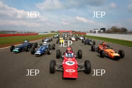 Silverstone Classic Media Day 2017, Silverstone Circuit, Northants, England. 23rd March 2017. Tiff Needell leads the Formula Ford field. Copyright Free for editorial use.