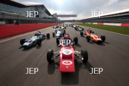 Silverstone Classic Media Day 2017, Silverstone Circuit, Northants, England. 23rd March 2017. Tiff Needell leads the Formula Ford field. Copyright Free for editorial use.