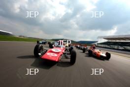 Silverstone Classic Media Day 2017, Silverstone Circuit, Northants, England. 23rd March 2017. Tiff Needell leads the Formula Ford field. Copyright Free for editorial use.