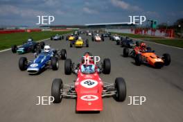 Silverstone Classic Media Day 2017, Silverstone Circuit, Northants, England. 23rd March 2017. Tiff Needell leads the Formula Ford field. Copyright Free for editorial use.