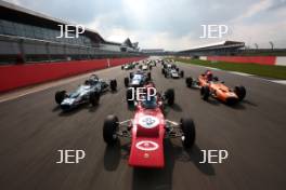 Silverstone Classic Media Day 2017, Silverstone Circuit, Northants, England. 23rd March 2017. Tiff Needell leads the Formula Ford field. Copyright Free for editorial use.