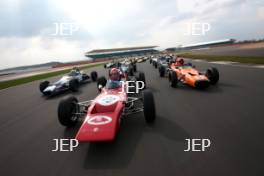 Silverstone Classic Media Day 2017, Silverstone Circuit, Northants, England. 23rd March 2017. Tiff Needell leads the Formula Ford field. Copyright Free for editorial use.