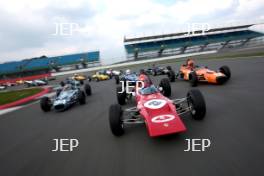 Silverstone Classic Media Day 2017, Silverstone Circuit, Northants, England. 23rd March 2017. Tiff Needell leads the Formula Ford field. Copyright Free for editorial use.