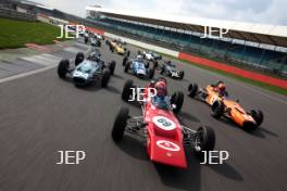 Silverstone Classic Media Day 2017, Silverstone Circuit, Northants, England. 23rd March 2017. Tiff Needell leads the Formula Ford field. Copyright Free for editorial use.