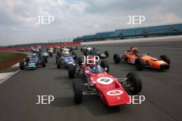 Silverstone Classic Media Day 2017, Silverstone Circuit, Northants, England. 23rd March 2017. Tiff Needell leads the Formula Ford field. Copyright Free for editorial use.