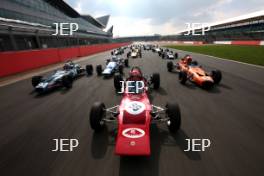 Silverstone Classic Media Day 2017, Silverstone Circuit, Northants, England. 23rd March 2017. Tiff Needell leads the Formula Ford field. Copyright Free for editorial use.