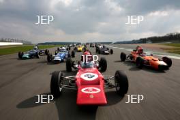 Silverstone Classic Media Day 2017, Silverstone Circuit, Northants, England. 23rd March 2017. Tiff Needell leads the Formula Ford field. Copyright Free for editorial use.