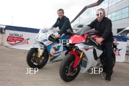 Silverstone Classic Media Day 2017, Silverstone Circuit, Northants, England. 23rd March 2017. Freddie Spencer and Wayne Gardner. Copyright Free for editorial use.