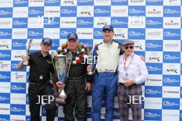 Silverstone Classic 2019 Podium, Steve Hartlet and Mike Cantillon with Sir Jackie Stewart At the Home of British Motorsport. 26-28 July 2019 Free for editorial use only  Photo credit – JEP 