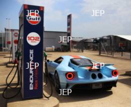 Silverstone Classic 2019 Ford GT at Gulf Fuel Station At the Home of British Motorsport. 26-28 July 2019 Free for editorial use only Photo credit – JEP