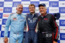 The Classic, Silverstone 2021  Race 1 Podium (l-r) 5 Jonathan Holtzman / Tyrrell P-34, Lukas HALUSA McLaren M23, 15 Michel Baudoin / Hesketh 308E  At the Home of British Motorsport.  30th July – 1st August  Free for editorial use only 