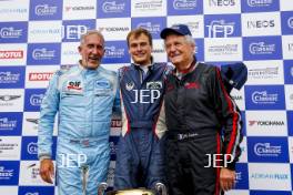 The Classic, Silverstone 2021  Race 1 Podium (l-r) 5 Jonathan Holtzman / Tyrrell P-34, Lukas HALUSA McLaren M23, 15 Michel Baudoin / Hesketh 308E  At the Home of British Motorsport.  30th July – 1st August  Free for editorial use only 