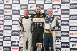 Silverstone Festival, Silverstone 2023 25th-27th August 2023 Free for editorial use only  Podium (l-r) 2 Dan Eagling - Royale RP17, 25 Michael Lyons - Ibec 308LM, 70 Ross Hyett - Lola T70 Mk3B