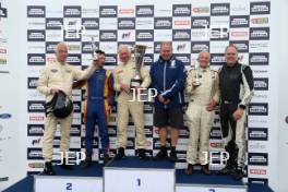 Silverstone Festival, Silverstone 2023 25th-27th August 2023 Free for editorial use only Podium (l-r) 10 Malcolm Paul / Will Nuthall - Lotus MkX, 17 John Pearson / Gary Pearson - Jaguar D-type, 450 Paul Mortimer / Jonathan Mortimer - Austin-Healey