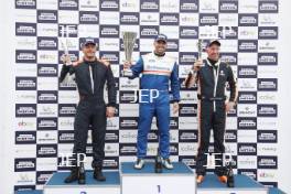 Silverstone Festival, Silverstone 2024, 23rd-25th August 2024. Free for editorial use only Race 1 Podium (l-r) 72 Matthew Wrigley - Tyrrell 011, 18 Stuart Hall - March 821, 99 Jamie Constable - Tyrrell 011B  