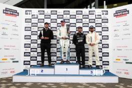 Silverstone Festival, Silverstone 2024. 23rd-25th August 2024 Free for editorial use only Podium (l-r) 600 Sam Tordoff - Ford Falcon Sprint, 41 Jimmy Broadbent - Jan Mardenborough - Ford Mustang 